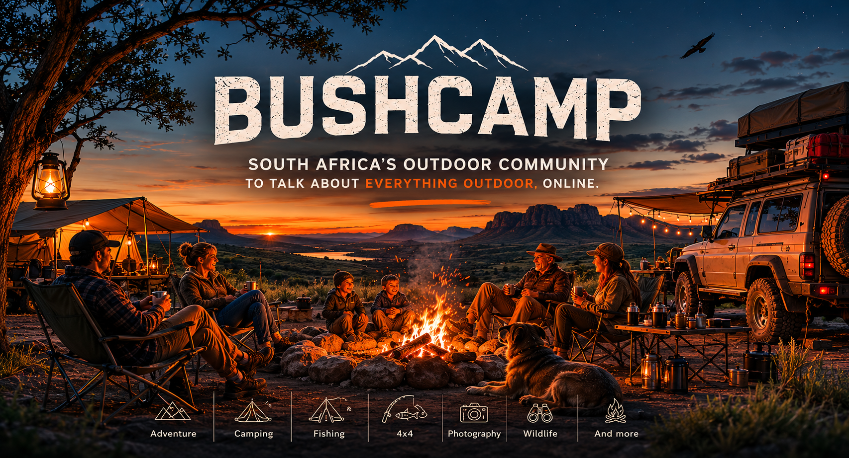 BushCamp — South Africa's outdoor community. Group around a campfire at sunset with a 4x4 overlanding vehicle.